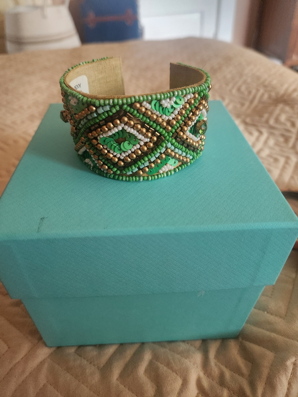 Source Unknown Green and Gold Beaded Cuff Bracelet